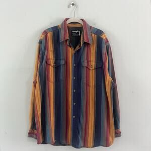Vintage Wrangler Brushpopper Western Shirt Rainbow Stripe XL Tails 17.5x35